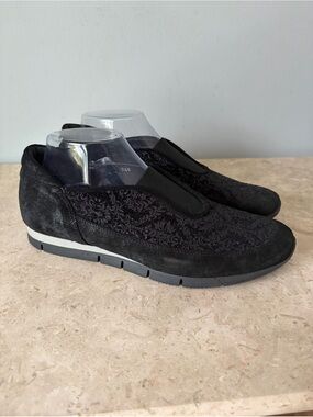 Sesto Meucci Loafer Sneaker Women’s 9.5N Black Leather Slip On Brocade Shoes